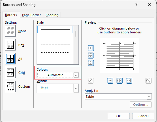 Table Borders and Shading window in Word